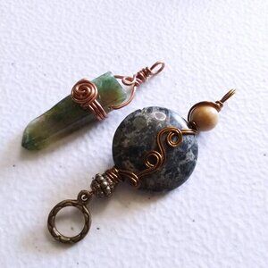 2 Green Pendant Bundle: Wire Wrapped Kambamba Jasper + Green Agate! Forest Witch